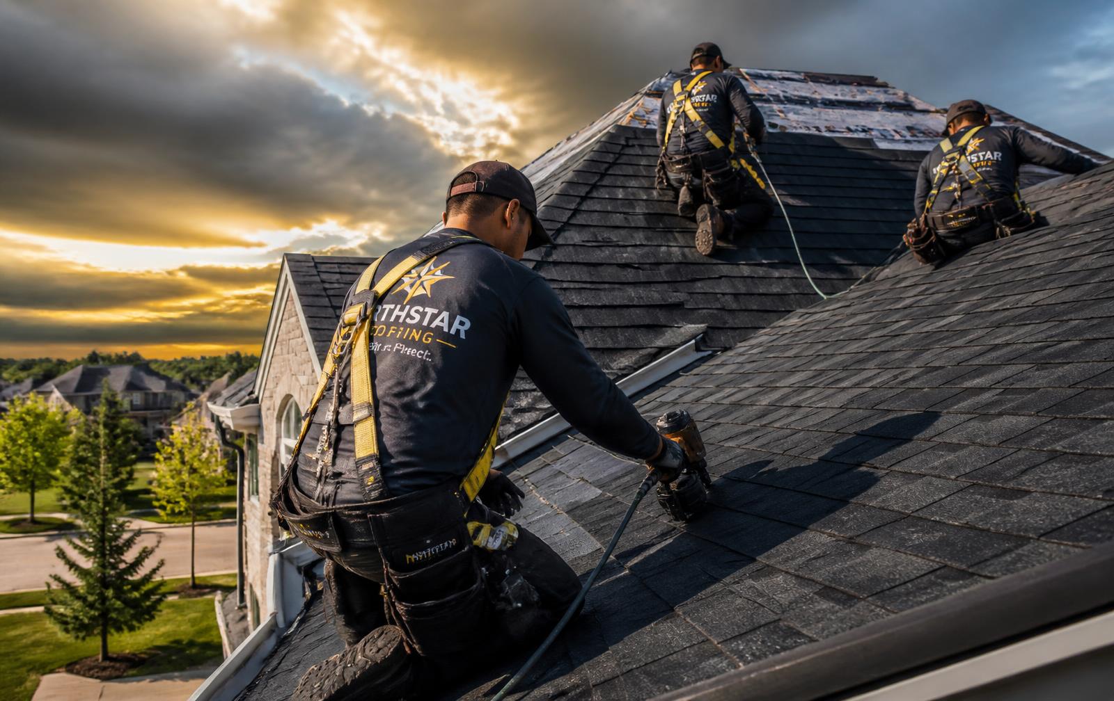 Roofing crew installing architectural asphalt shingles on a suburban home at golden hour